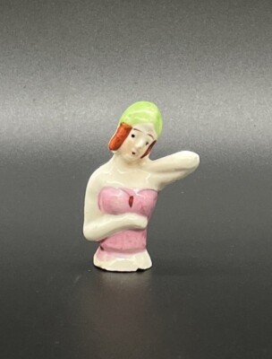 Vintage Painted Porcelain Lady 2-1/8  Red Hair Green Hat Flapper Half Doll