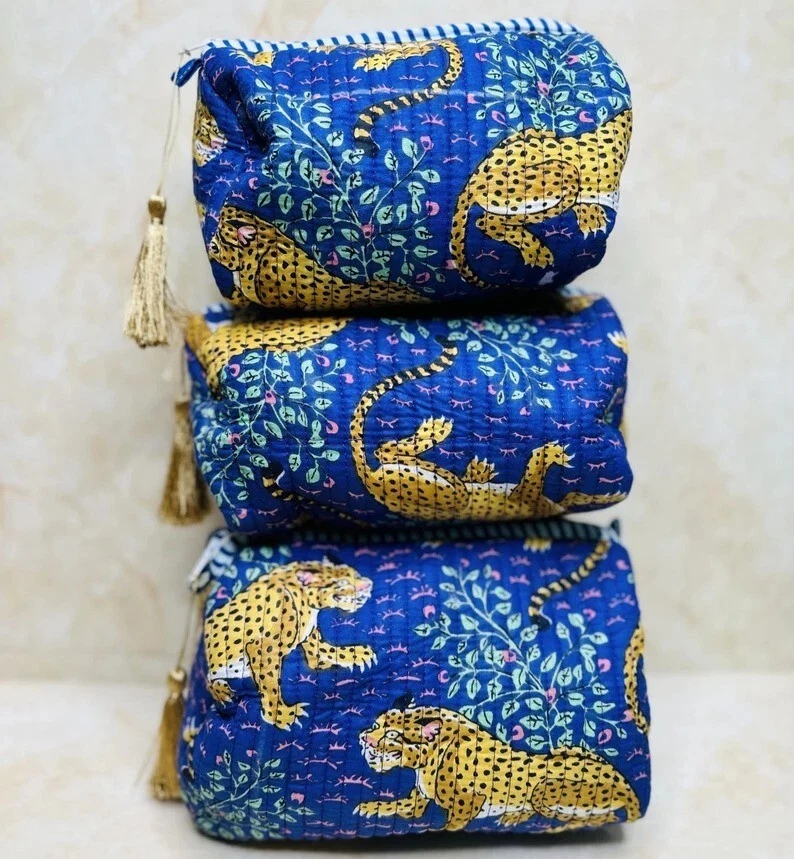 Indian Blue Tiger Cotton Quilted Toiletry Purse Cosmetic Storage Bag Of 3 Pc US