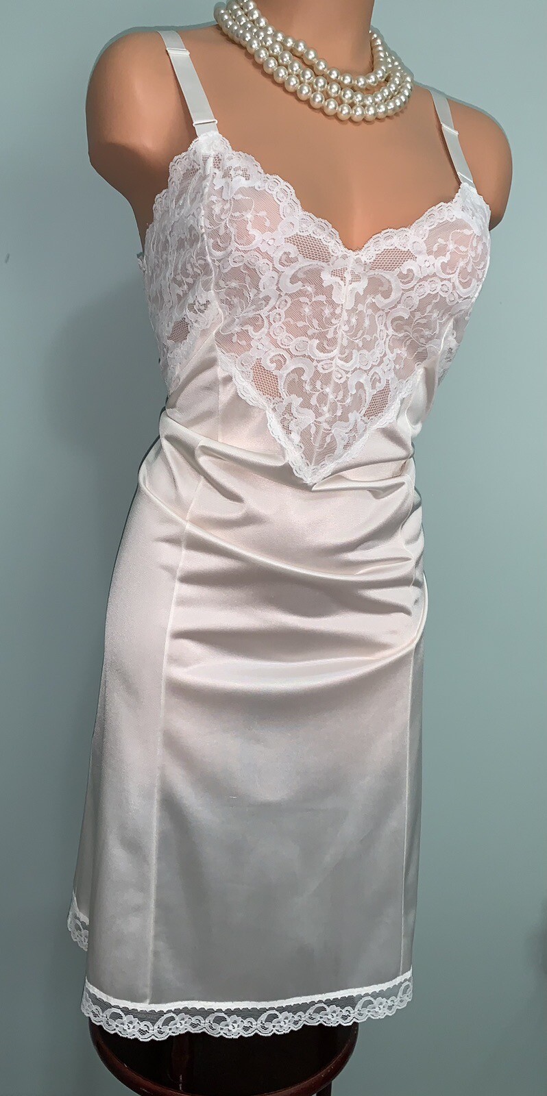 Vtg Shiny Sheer Lacy Nylon Chiffon Full Slip Dress 36… Gem