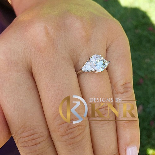 Oval And Trillion Moissanite Engagement Ring Three Stone 14k White Gold 2.10ctw - Picture 9 of 10