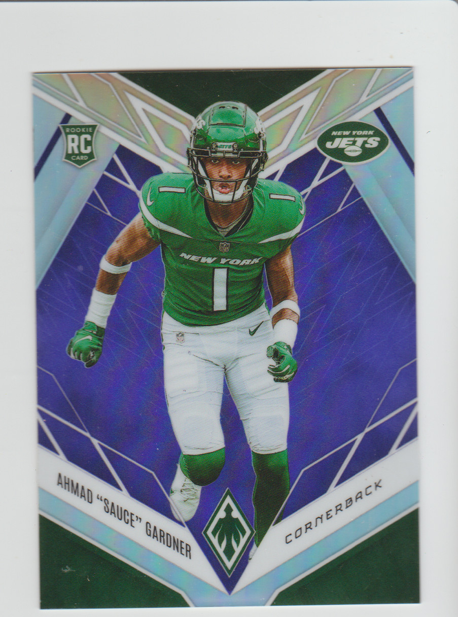 2022 Panini Phoenix Purple #128 Sauce Gardner rookie card, New York Jets #/125