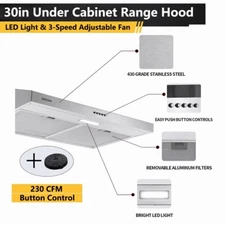 30" Kitchen Under Cabinet Range Hood Top/Rear Vent 230CFM 3-Speed w/LED New