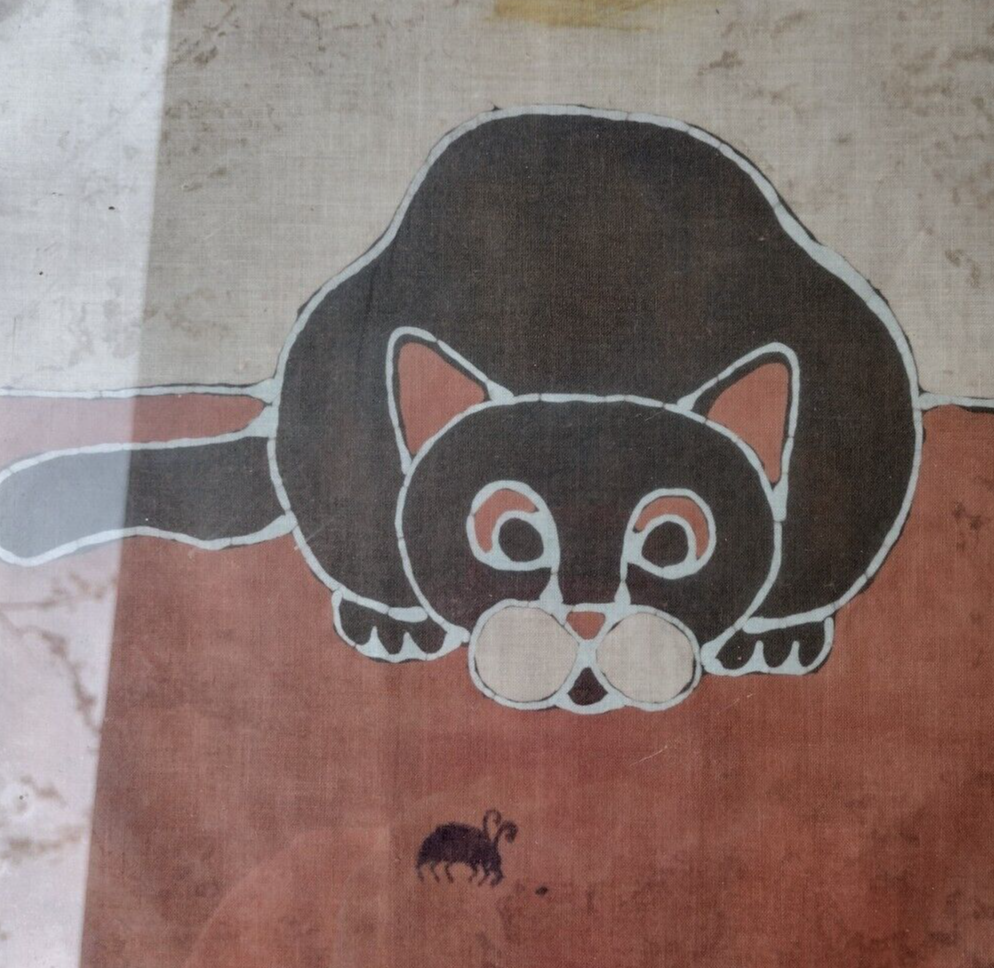 JANE TAMAKO RAFFELD VINTAGE BATIK CAT ON FABRIC SIGNED AND FRAMED