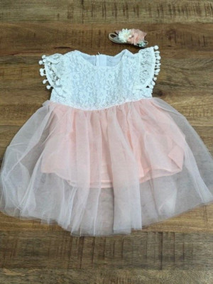 Toddler 2T Peach Pink White Lace Tutu Tulle Dress Headband Flowers Boho Easter
