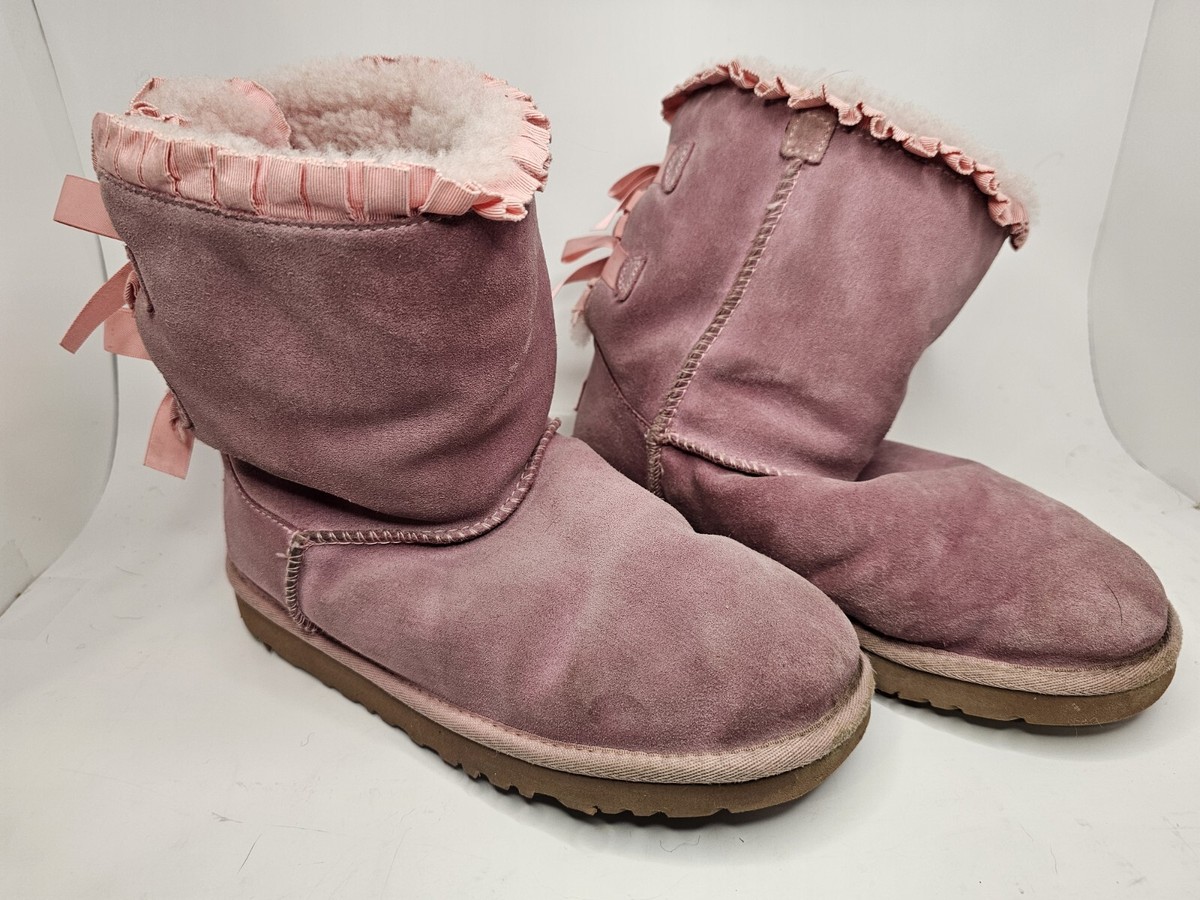 UGG Girls Pink Sheepskin Bailey Bow Ruffles Boots Size 6