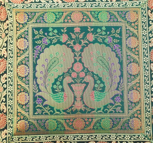 Handmade Hunter Green Peacock Cushion Cover Silk Brocade Pillow Sofa Throw 16" - Picture 3 of 6