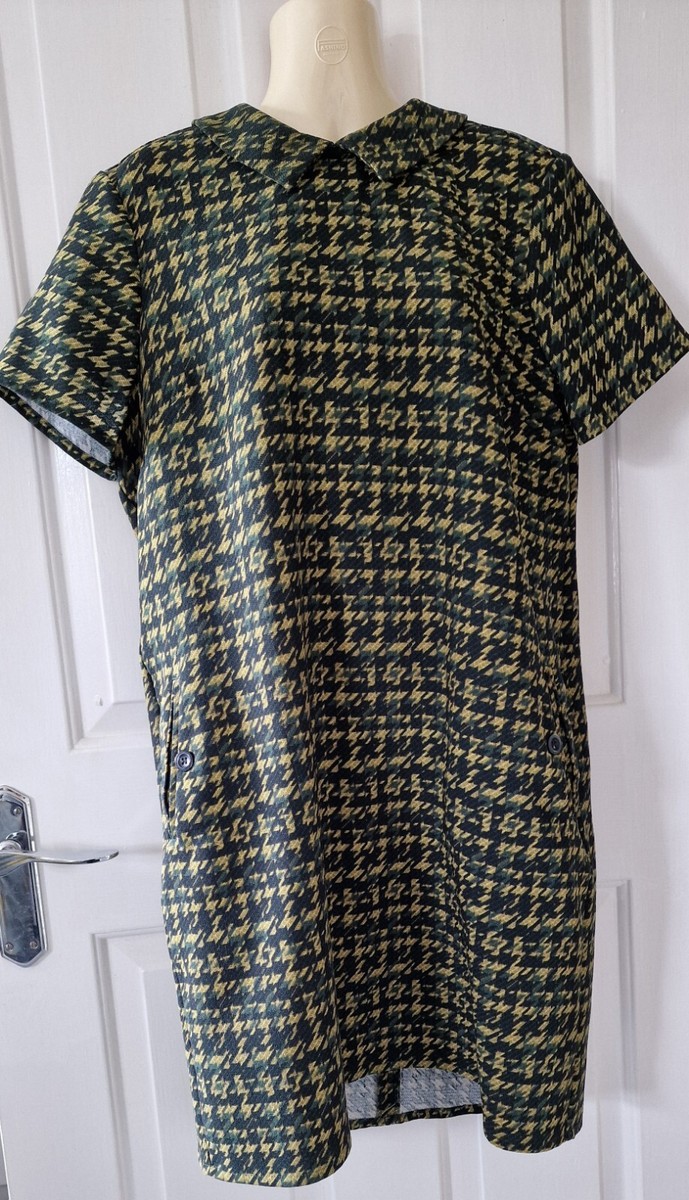 NEXT green, black, gold houndstooth check shift dress, pockets, size 14