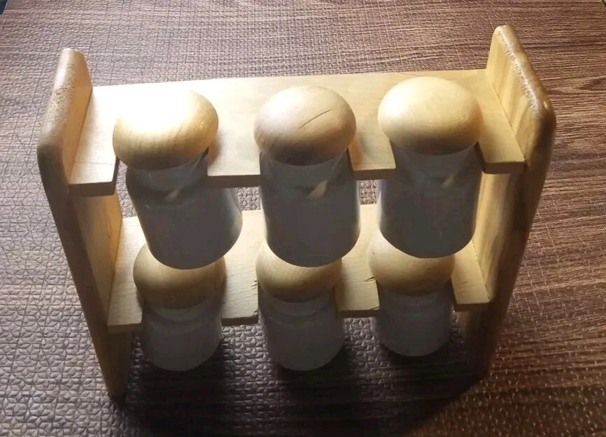 Spice rack, 6 jar, upright, counter style wooden vertical rack, ceramic
