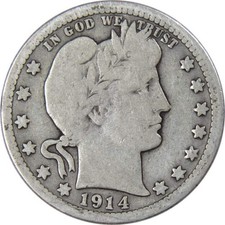 1914 D Barber Quarter Circulated Silver 25c Coin Collectible