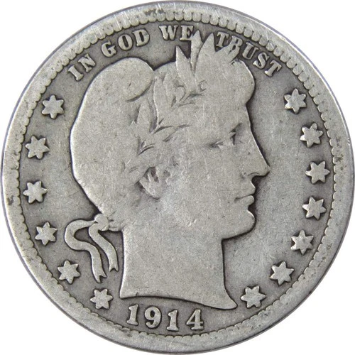 1914 D Barber Quarter Circulated Silver 25c Coin Collectible