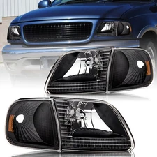 For 1997-2003 Ford F150 97-02 Expedition Black Housing Amber Headlights Assembly