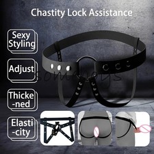 Male Chastity Belt with Adjustable Elastic Strap Cage Support Harness PU Leather