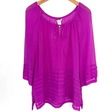 John Mark Purple Sheer Silk 3/4 Sleeve Tie Neck Blouse Size Medium