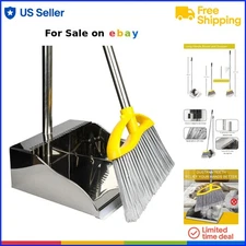 Stainless Steel Dustpan Broom Set Heavy Duty 36in Tall Handle Kitchen Outdoor