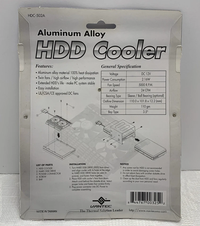 Vantec HDC-502A HDD Cooler Aluminum Alloy Twin Fan 7200 RPM Brand New - Image 2 of 4