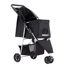 3 Wheel Pet Stroller for Dogs and Cats with Storage Basket Black Collapsible Dog