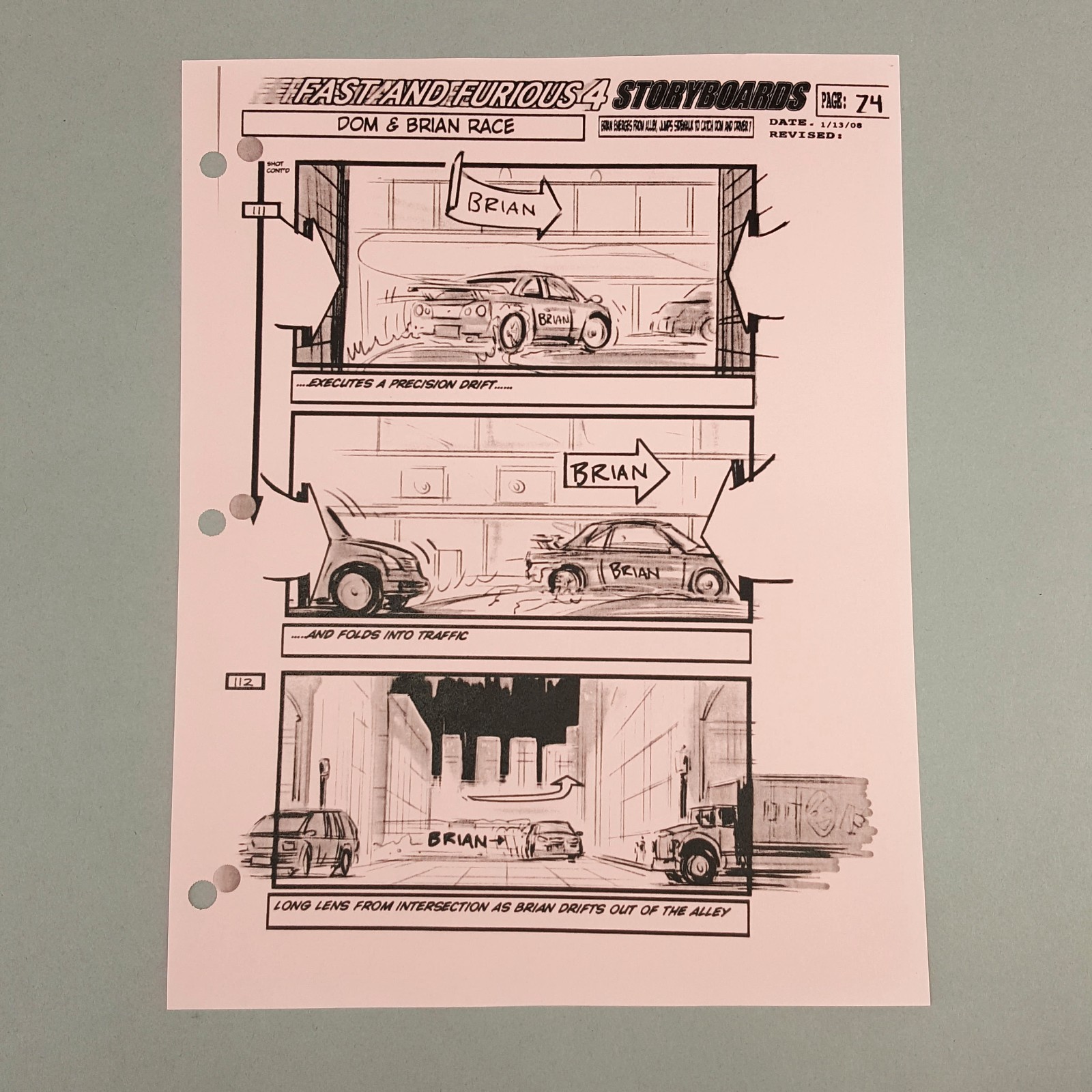 Image 2 of Fast and Furious 4 Production Used Storyboard, Brian Drifts Out of Alley p74 COA