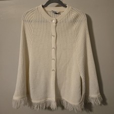 Women's Vintage Wilshire Ivory Cream Knit Kimono Cape Style Sweater Fringe