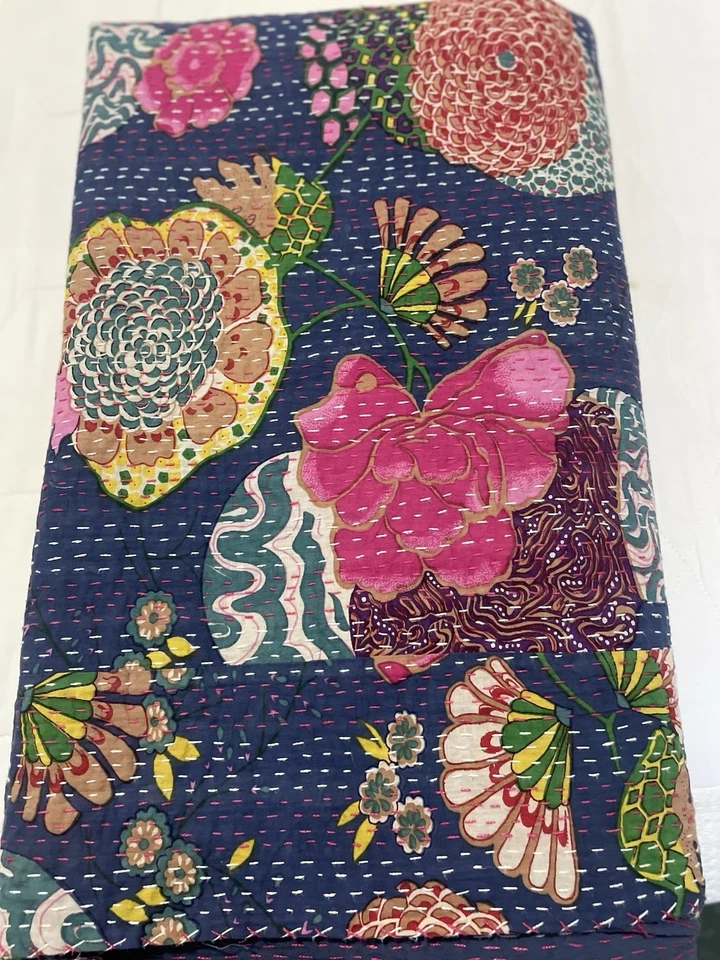 Cobertor de algodão indiano feito à mão Kantha colcha queen colcha cobertor tradicional - Imagem 2 de 4