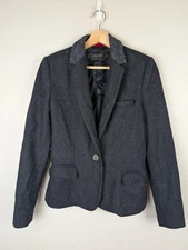 Zara Basic Blazer Womens Small Dark Gray Wool Elbow Patch Tailored Jacket