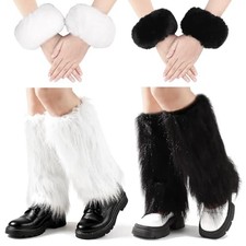 2 Pairs Faux Fur Fuzzy Leg Warmers with 2 Pairs Short Wrist Cuff Furry Boot