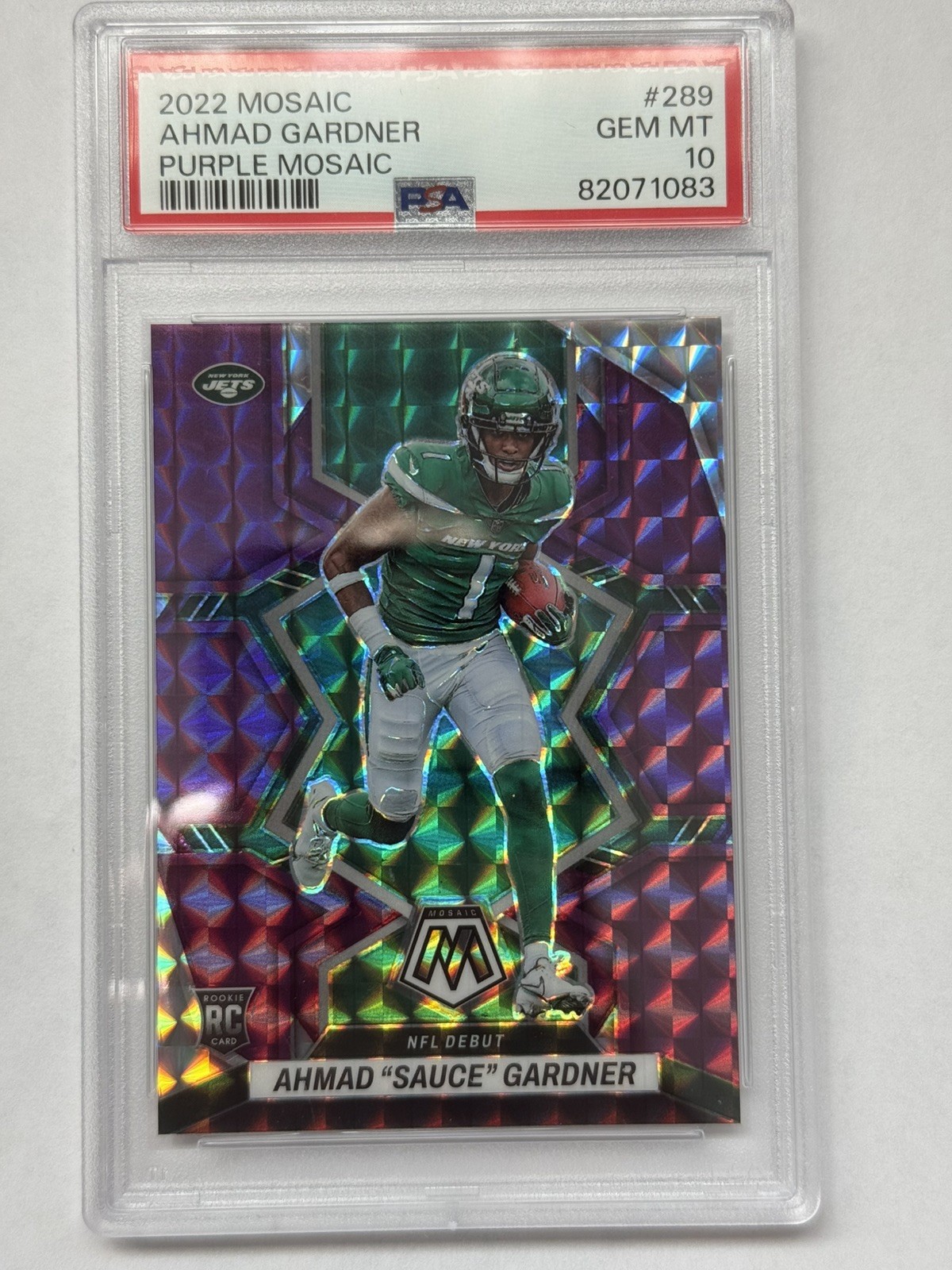 Ahmad Sauce Gardner 2022 Panini Mosaic Rookie Purple Mosaic #289 /49 PSA 10