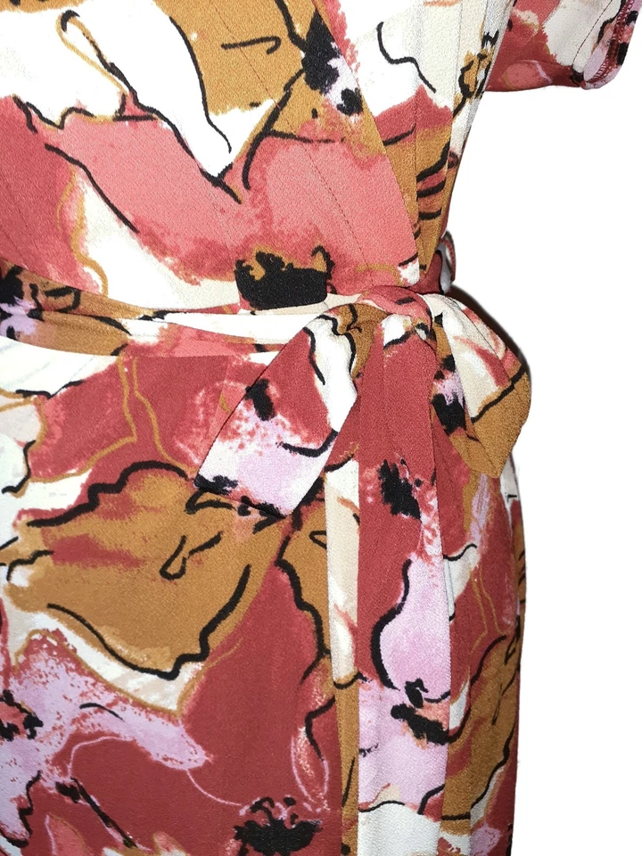 NINE WEST Size L Faux Wrap Dress Rust Red Brown Floral Short Sleeve Stretch Knit - image 2 of 4