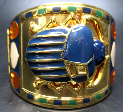 Egyptian Revival Enamel Scarab Huge Vintage Hinged Bracelet