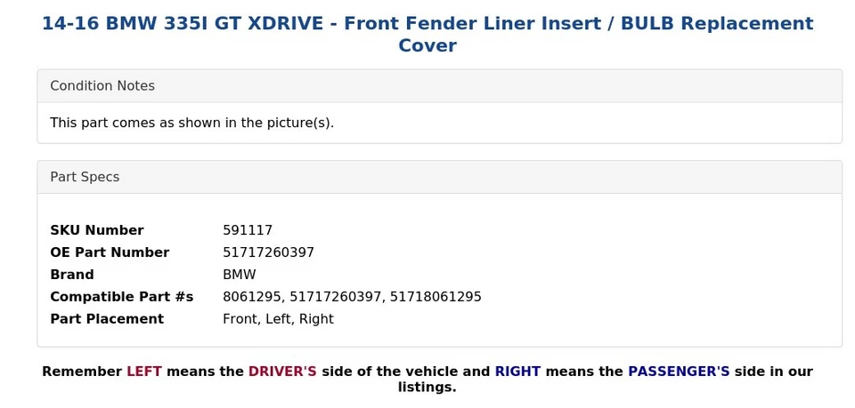 14-16 BMW 335I GT XDRIVE - Front Fender Liner Insert / BULB Replacement Cover - Image 4 of 4