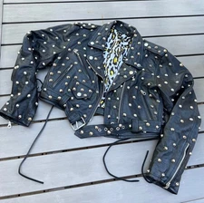 Vintage La Roxx Studded Leather Crop Jacket M Animal Print Lining Rocker Style