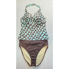 Victoria's Secret Tankini Swimsuit Set Brown Aqua Halter Padded Underwire 36C L