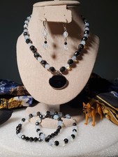 Halskette Collier schwarz-weiß Edelsteine Hämatit und Opal, Set