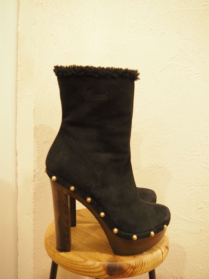 GUCCI Boots Shoes EU 37.5 US 7.5 Mouton Suede Black Authentic