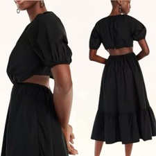 J. Crew Side-Cutout Poplin 100% Cotton Black Midi A Line Dress Sz 10