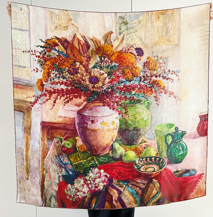 100% Silk Mulberry Square Scarf 110x110cm Red Vase Print Bandana Wrap Shawl