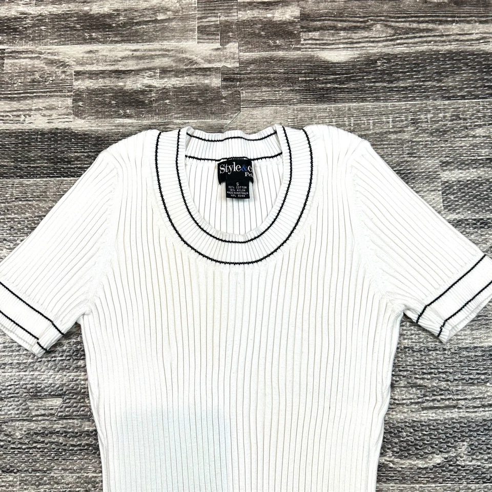 Suéter Style & Co Acanalado Blanco Cuello Redondo Mujer Talla S Manga Corta Años 90 Y2K Foto 2 de 4