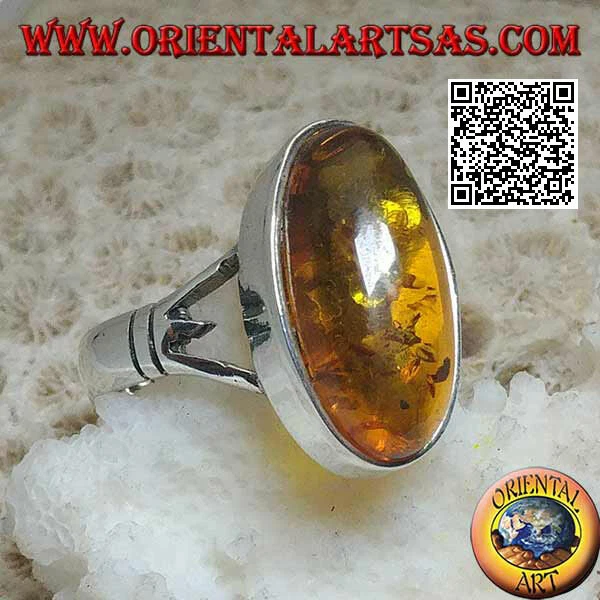 Bague en Argent 925‰ Ambre Ovale Étiré Cabochon Engagés À Deux - Photo 1/1