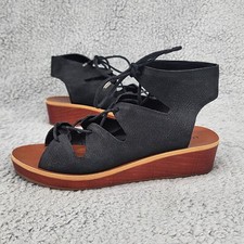 Lucky Brand Women's Sandals Sz 6 Black Leather Wedge Boho Lace Up Open Toe Shoes