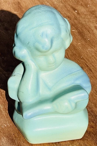 Van Briggle Pottery Blue Glaze Bust Child Reading Book Colorado Springs Markings