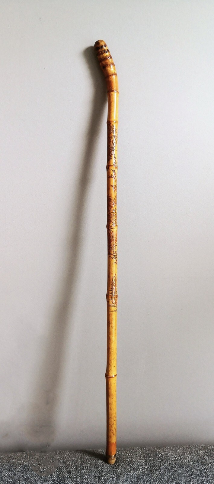 Antique carved Orient landscape bamboo walking cane Gem