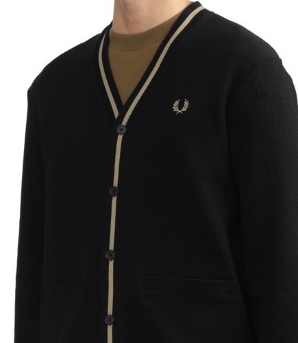 CÁRDIGAN TEXTURA PIQUÉ PUNTA FRED PERRY M2654 NEGRO/PIEDRA CÁLIDA NUEVO CON ETIQUETAS - Imagen 3 de 9