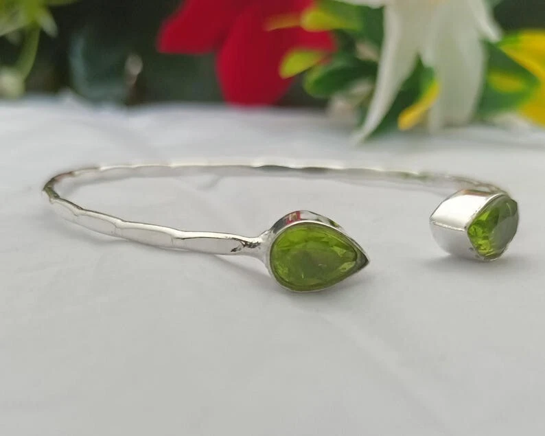 925 Sterling Silver Peridot Gemstone Handmade Jewelry Cuff Bracelet ADJ - image 2 of 4