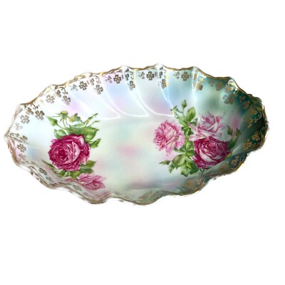 Vintage Floral Bowl 8'' Wheelock Austria Hand Decorated Roses Oval Sculpted