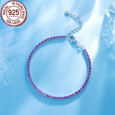 Classy Real Purple CZ Women Tennis Chain Link Solid 925 Sterling Silver Bracelet