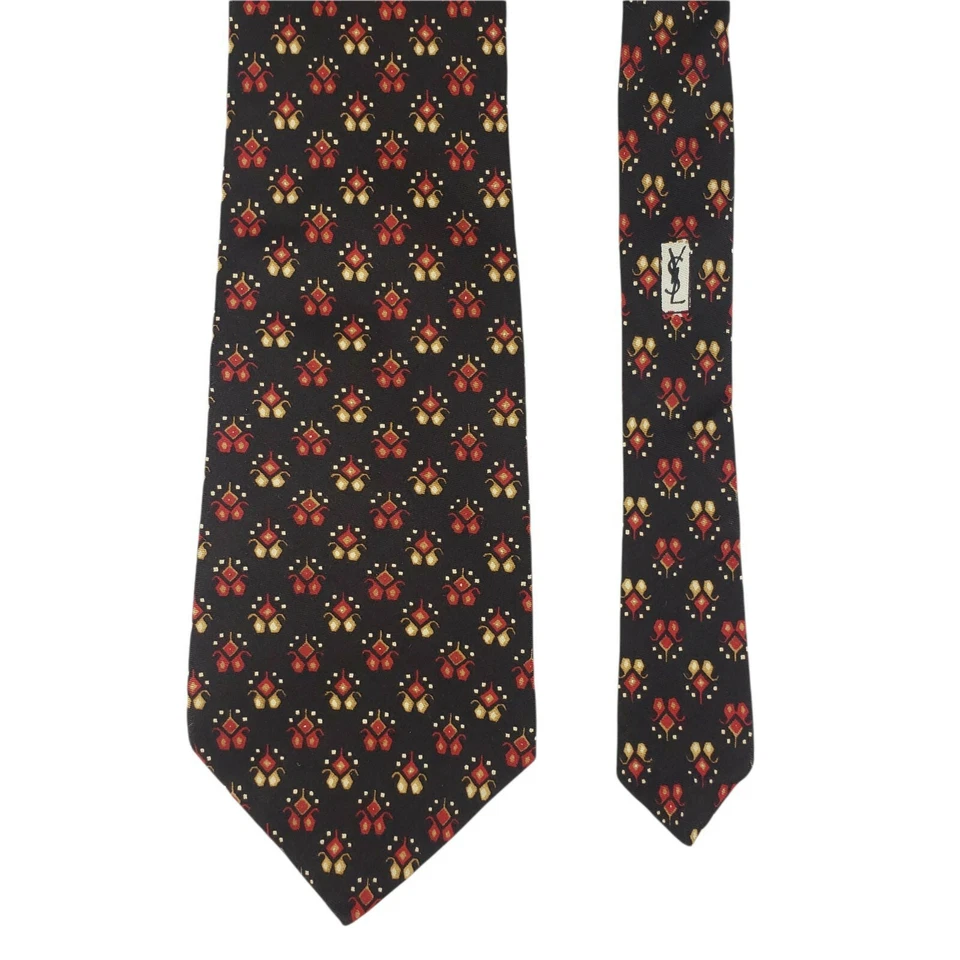 Gravata geométrica vintage Yves Saint Laurent marrom vermelha larga - LEIA - Imagem 4 de 4