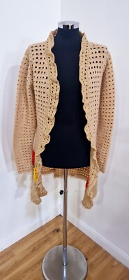Handgestrickte beige gehäkelte Strickjacke Größe 10 Boho Quasten Colour Block Hippie 