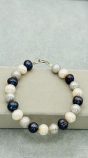 Vintage Freshwater Pearl bracelet 925 silver clasp dark grey/purple & white