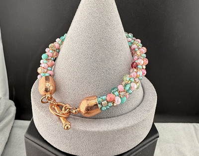 Beaded Bracelet Pink Green Rose Pastel Spring Easter Gold Tone 8 