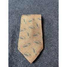 Calvin Klein Mens Silk Necktie Gold Tan Green Leaf Pattern Made in USA Classic