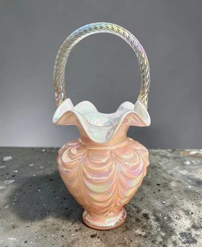 Vintage Fenton Pink Iridescent Glass Basket Vase: Drapery Optic Pattern